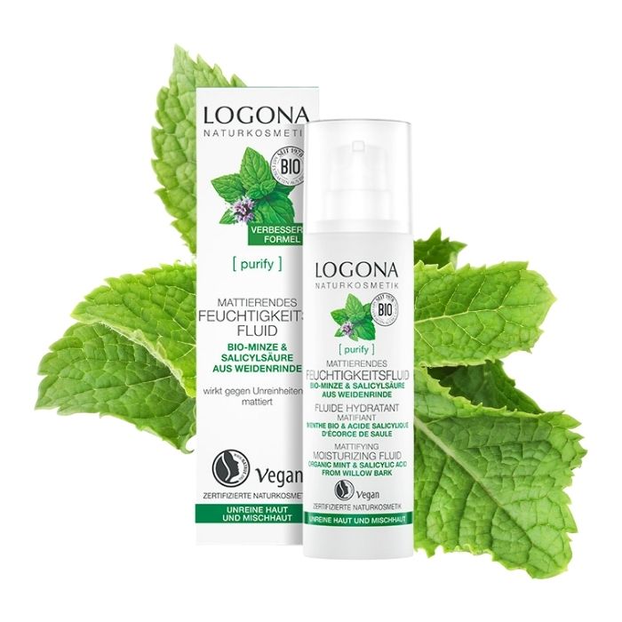 Fluido hidratante matificante, cómo eliminar los granos con la rutina facial purificante Logona con menta